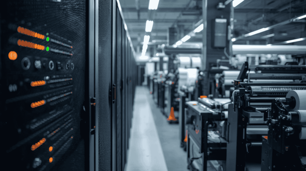 A high-security manufacturing environment showing the integration of physical surveillance and digital network hardening for NASPO Class I and II compliance.