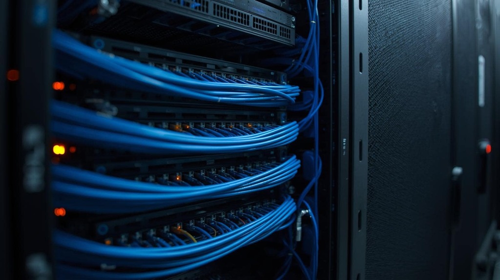 A high-security, cable-managed network rack configured for HIPAA-compliant ePHI data isolation and encryption.