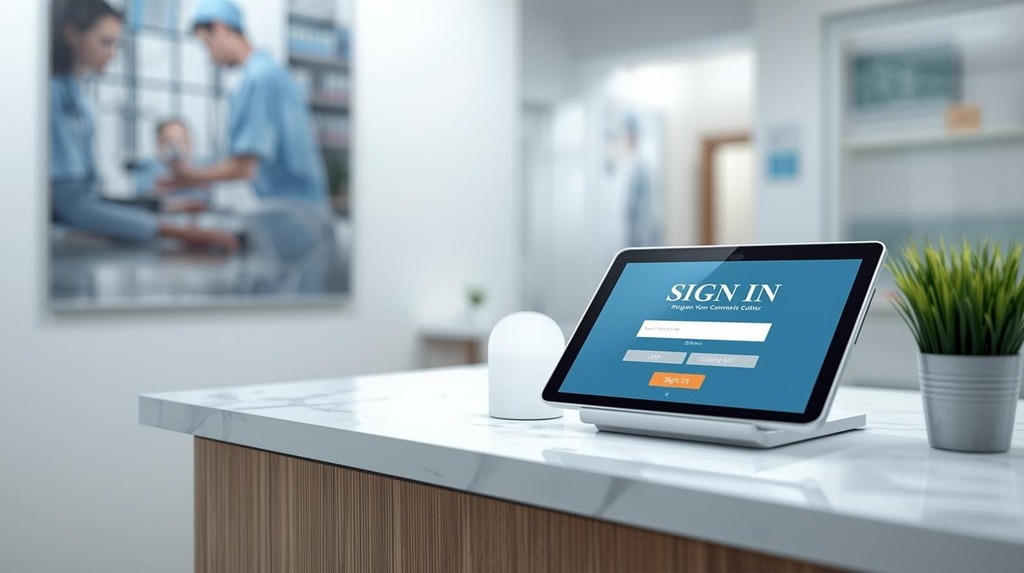 A HIPAA-compliant visitor sign-in station featuring secure identity validation for vendors and contractors.
