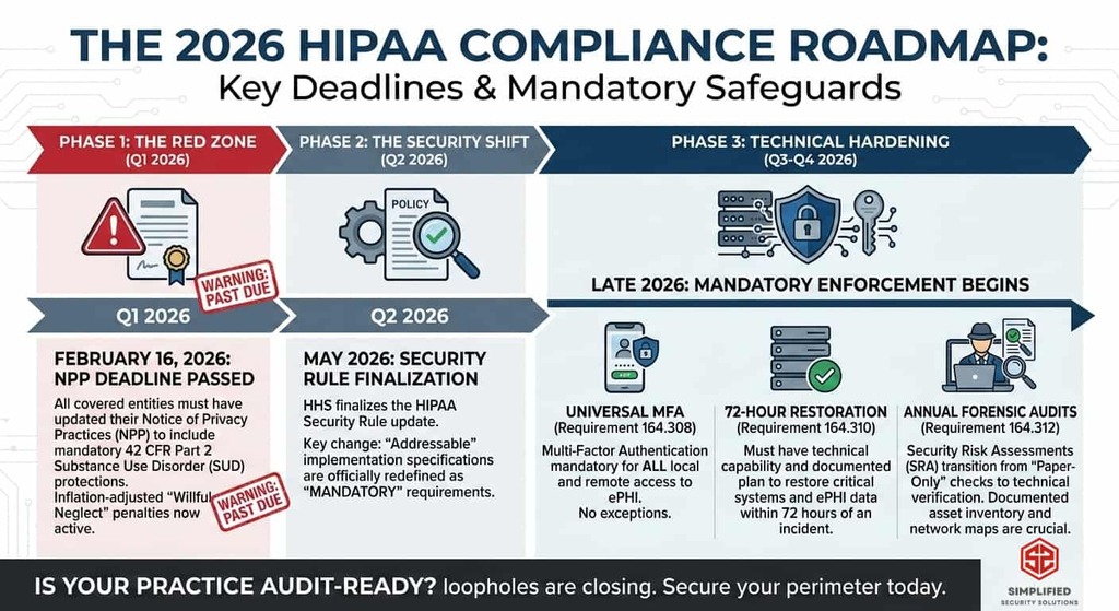 Infographic of the 2026 HIPAA compliance timeline showing the Feb 16 NPP deadline, May Security Rule finalization, and mandatory MFA.