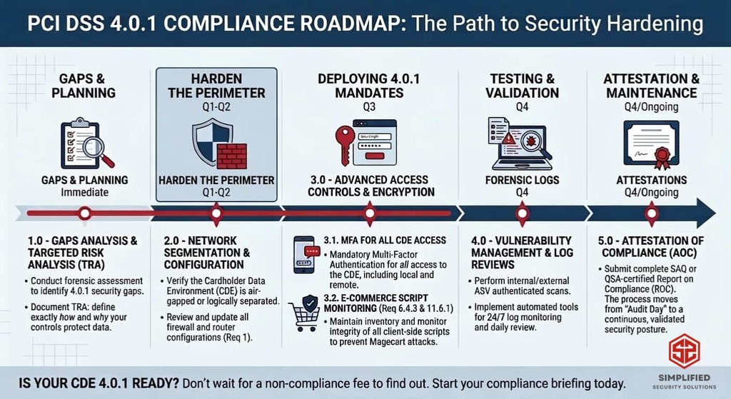Updated PCI 4.0.1 compliance roadmap showing corrected mandates including 'Harden the Perimeter' and MFA.